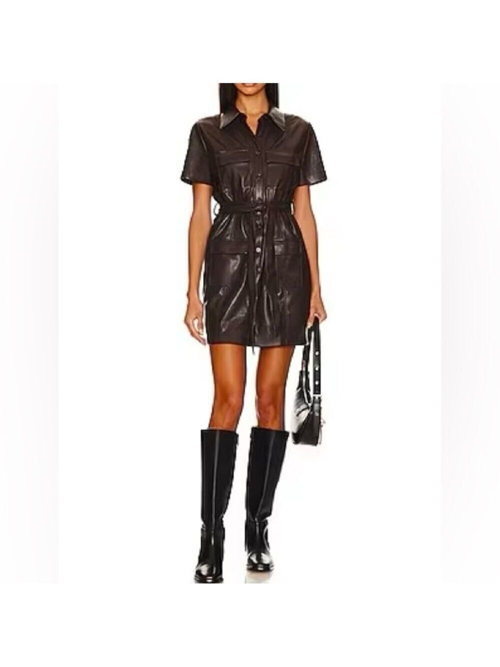 New House of Harlow 1960 Black Faux Leather Mini Shirt Dress Medium